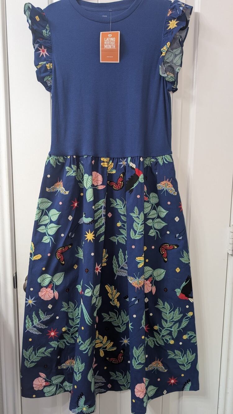 Latino Heritage Month Blue Floral Butterfly Knit Midi Dress Ruffle Sleeve L